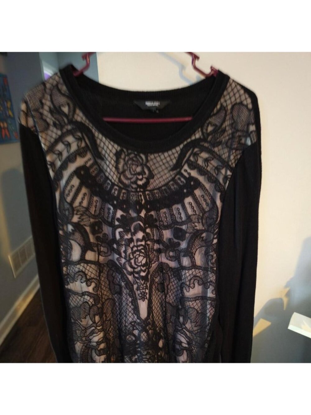 Black lace long sleeve top with floral and scrollwork design #lace #floral